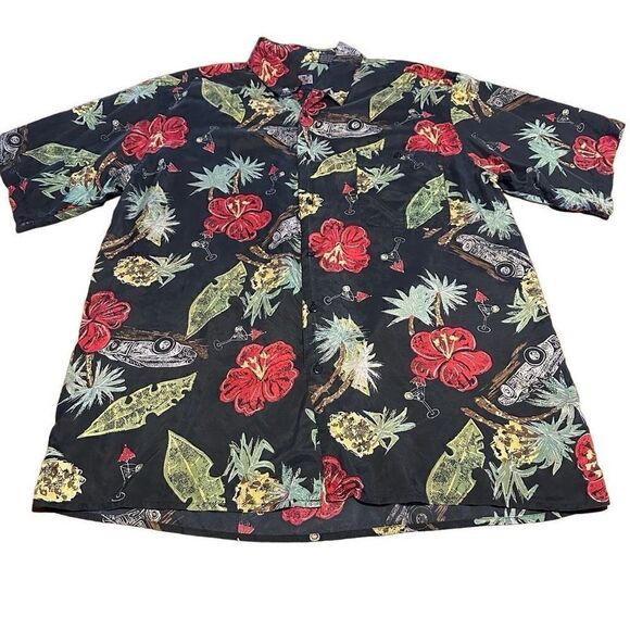 Vtg Montage Mens 100% Silk Hawaiian Shirt Button Up Pocket Black Pineapple Sz L - Picture 1 of 7